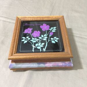 Vintage P Graham Dunn Amazing Grace Wood Music Box Painted Floral Glass Lid